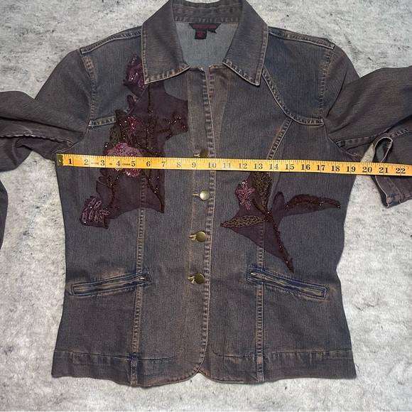 Simon Chang Beaded Button Down Dark Blue & Rust Coloured Denim Jacket, Sz 8 - Picture 11 of 12